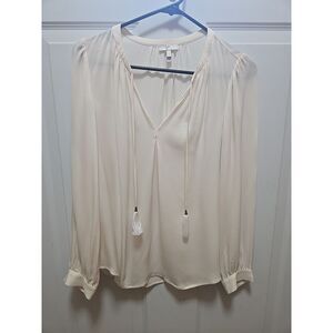 Joie Small Ivory Cream V-Neck Silk Long Sleeve Women's Blouse‎ Tassel Details